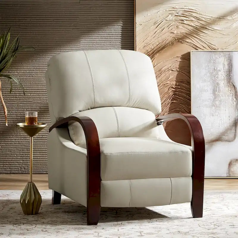 Fauteuil inclinable manuel Alex Mid-century Modern Cigar en cuir véritable avec accoudoirs incurvés en bois