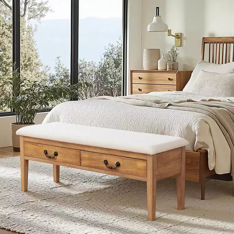 Banc de rangement rembourré avec pieds en bois massif