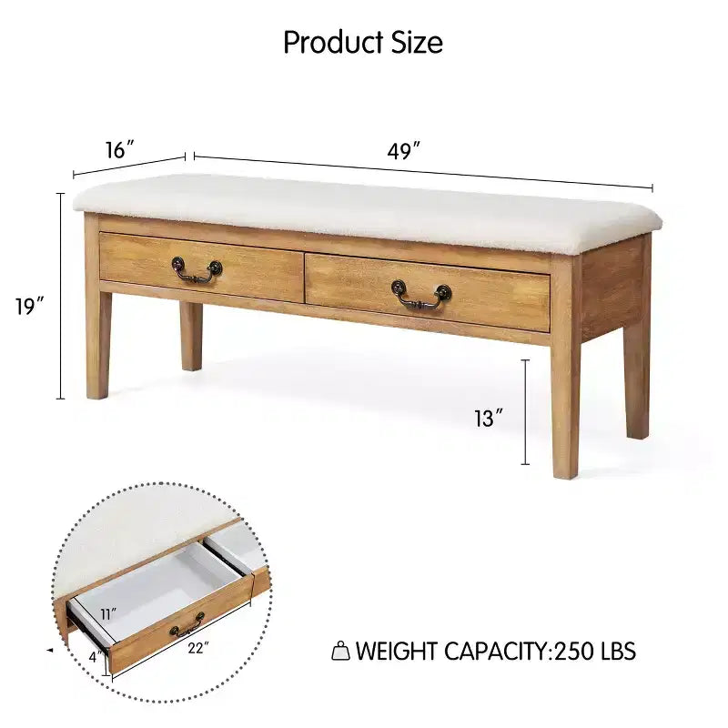 Banc de rangement rembourré avec pieds en bois massif