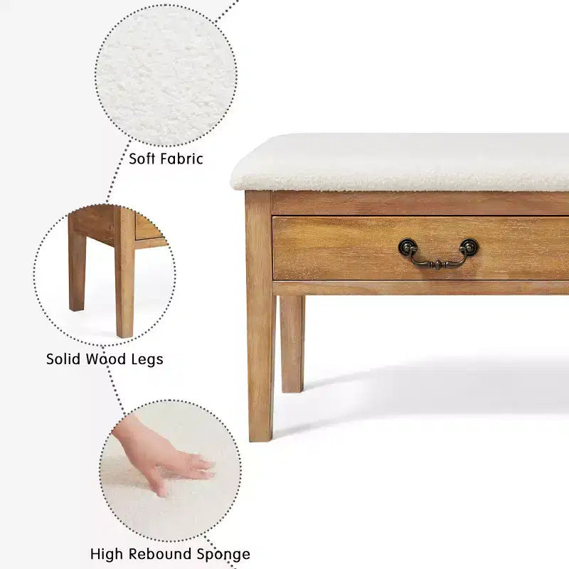 Banc de rangement rembourré avec pieds en bois massif