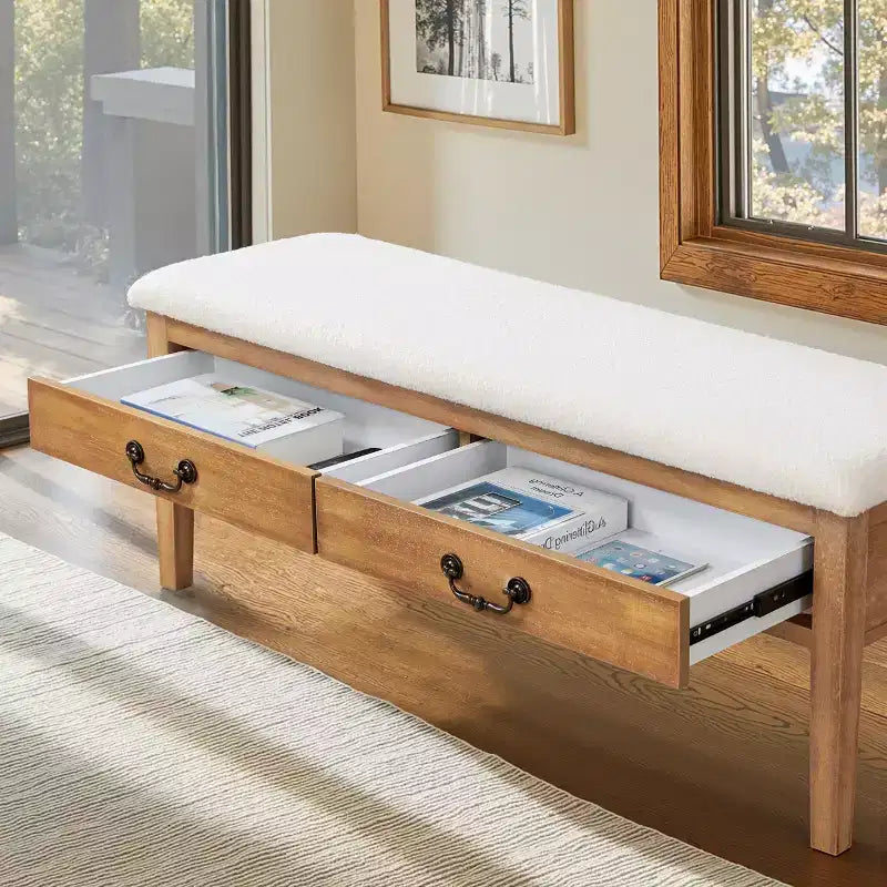 Banc de rangement rembourré avec pieds en bois massif
