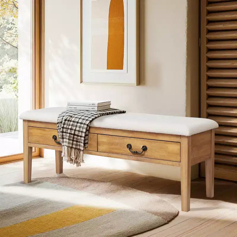Banc de rangement rembourré avec pieds en bois massif
