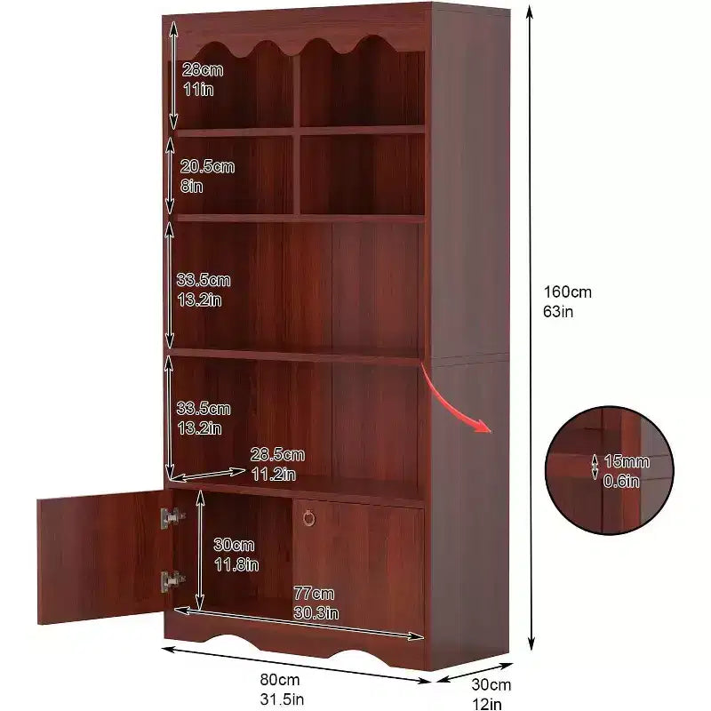 Bibliothèque en bois à 5 niveaux, 63 pouces de haut, meuble de rangement, bibliothèque autoportante, bureau à domicile, salle d'étude, cuisine