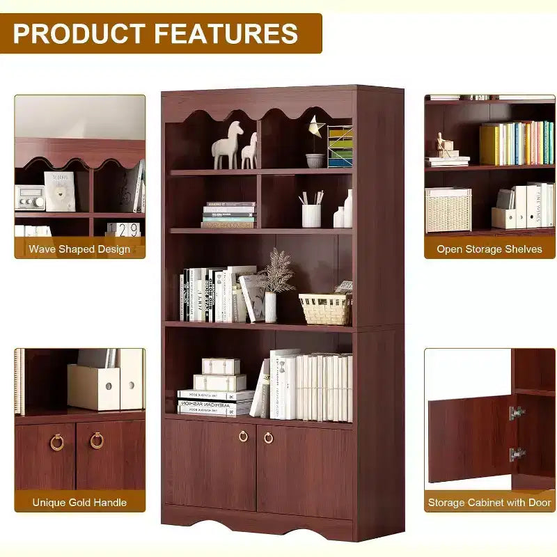 Bibliothèque en bois à 5 niveaux, 63 pouces de haut, meuble de rangement, bibliothèque autoportante, bureau à domicile, salle d'étude, cuisine
