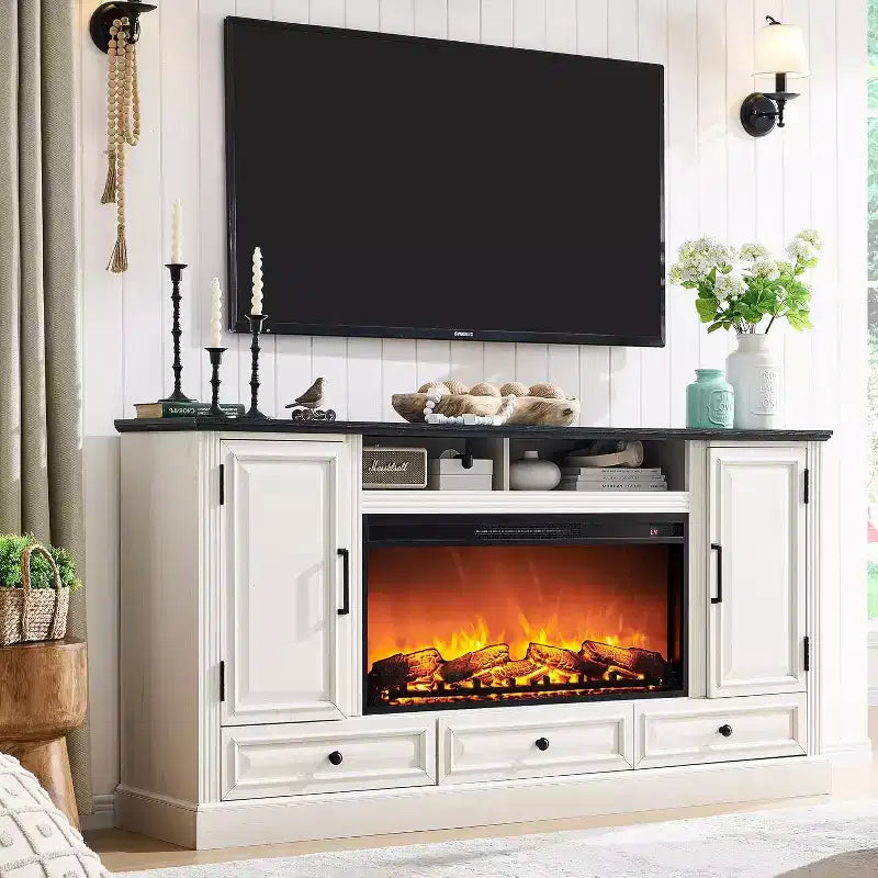 Meuble TV de cheminée haute de 35,7 po pour téléviseur de 80 po avec cheminée électrique de 36 po, meuble de divertissement de style ferme avec armoires et tiroirs