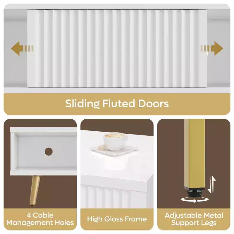 Meuble TV moderne de 71 pouces pour téléviseurs de 75/80 pouces avec portes coulissantes cannelées, meuble de divertissement laqué brillant avec rangement pour salon, gestion des câbles
