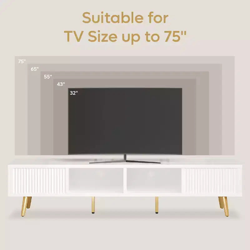 Meuble TV moderne de 71 pouces pour téléviseurs de 75/80 pouces avec portes coulissantes cannelées, meuble de divertissement laqué brillant avec rangement pour salon, gestion des câbles