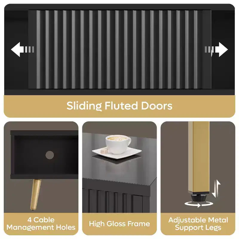 Meuble TV moderne de 71 pouces pour téléviseurs de 75/80 pouces avec portes coulissantes cannelées, meuble de divertissement laqué brillant avec rangement pour salon, gestion des câbles