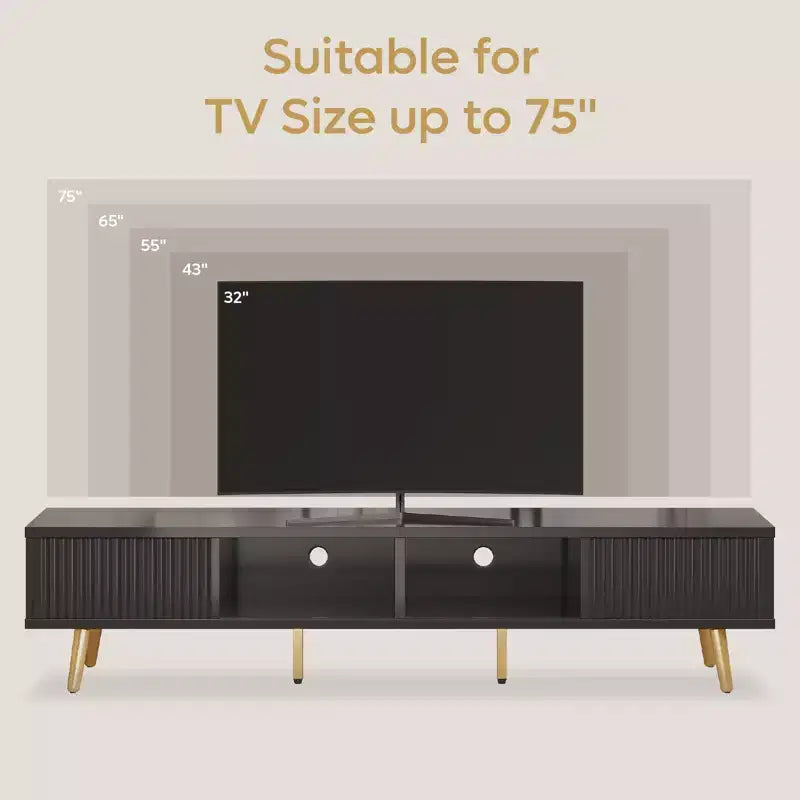 Meuble TV moderne de 71 pouces pour téléviseurs de 75/80 pouces avec portes coulissantes cannelées, meuble de divertissement laqué brillant avec rangement pour salon, gestion des câbles
