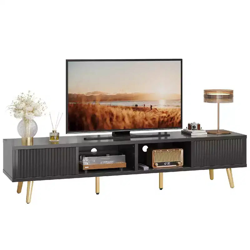 Meuble TV moderne de 71 pouces pour téléviseurs de 75/80 pouces avec portes coulissantes cannelées, meuble de divertissement laqué brillant avec rangement pour salon, gestion des câbles