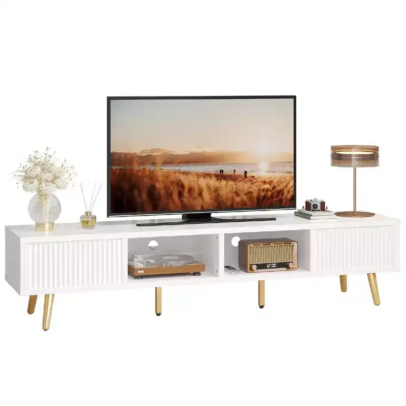Meuble TV moderne de 71 pouces pour téléviseurs de 75/80 pouces avec portes coulissantes cannelées, meuble de divertissement laqué brillant avec rangement pour salon, gestion des câbles