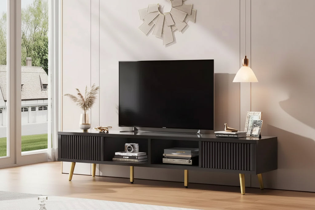 Bestier 71 Modern TV Stand for 75/80 inch TV with Fluted Sliding Doors, High Gloss Entertainment Center with Storage for Living Room, Cord Management