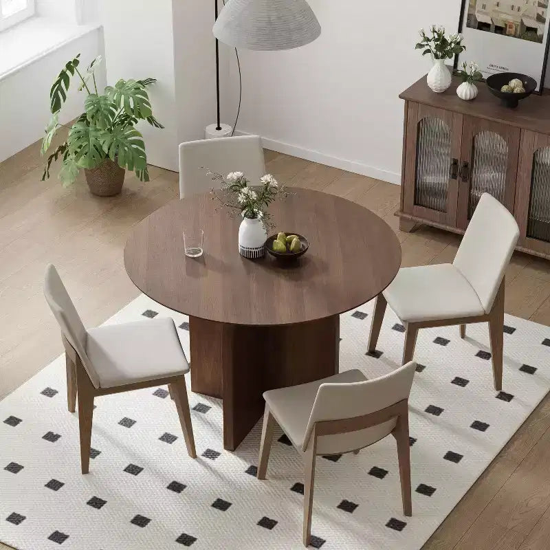 Table à manger ronde en bois massif de 106,7 cm avec finition noyer et pieds arqués élégants pour salles à manger et cuisines modernes