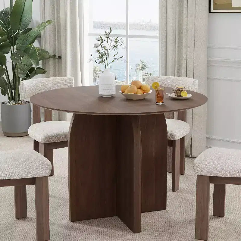 Table à manger ronde en bois massif de 106,7 cm avec finition noyer et pieds arqués élégants pour salles à manger et cuisines modernes