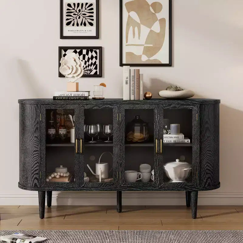 Buffet de Rangement en Bois avec Portes Vitrées et Étagères Réglables pour Salon et Cuisine, Noir