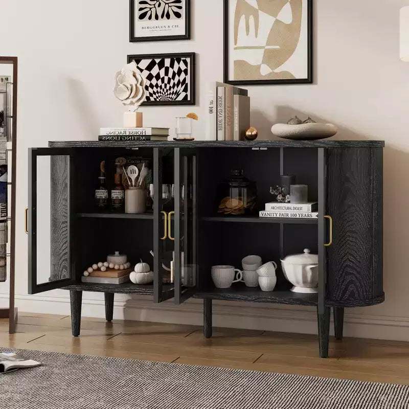 Buffet de Rangement en Bois avec Portes Vitrées et Étagères Réglables pour Salon et Cuisine, Noir