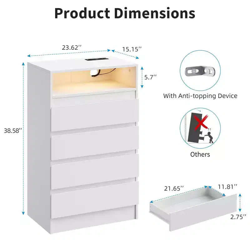 Commode moderne à 4 tiroirs avec lumière LED et station de charge, commode de rangement blanche avec prise de courant, commode double d'appoint