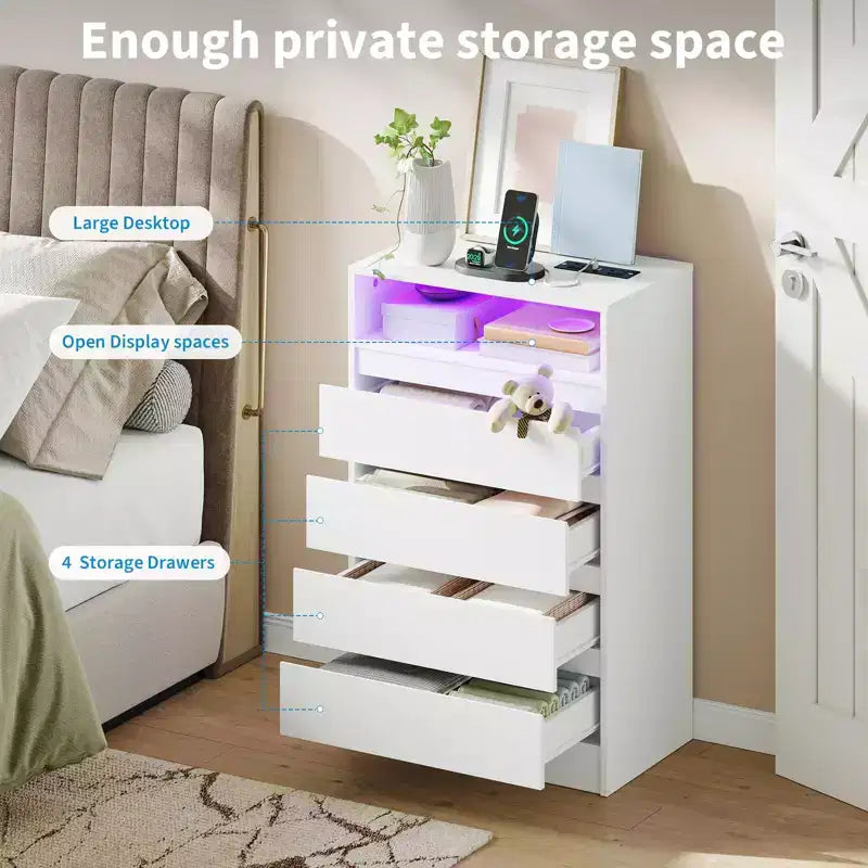 Commode moderne à 4 tiroirs avec lumière LED et station de charge, commode de rangement blanche avec prise de courant, commode double d'appoint