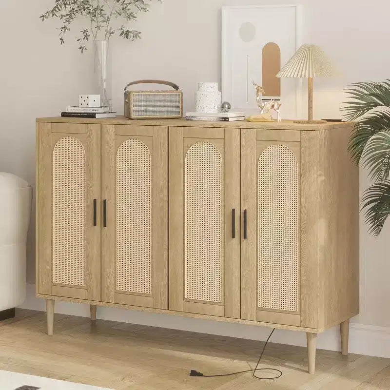 Buffet en rotin avec prise électrique – Meuble de rangement bohème à 4 portes pour salle à manger et salon