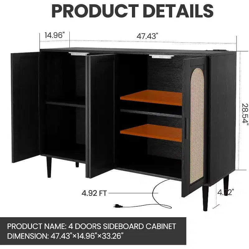Buffet en rotin avec prise électrique – Meuble de rangement bohème à 4 portes pour salle à manger et salon