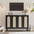 Rattan Sideboard with Power Outlet - Boho Buffet Cabinet, 4-Door Storage for Dining & Living Room