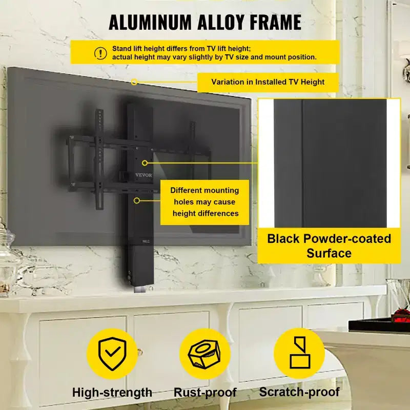 Ascenseur TV automatisé pour jusqu'à 50 écrans, course de 28" avec hauteur réglable de 38" à 65", télécommandé, supporte jusqu'à 60 kg, noir