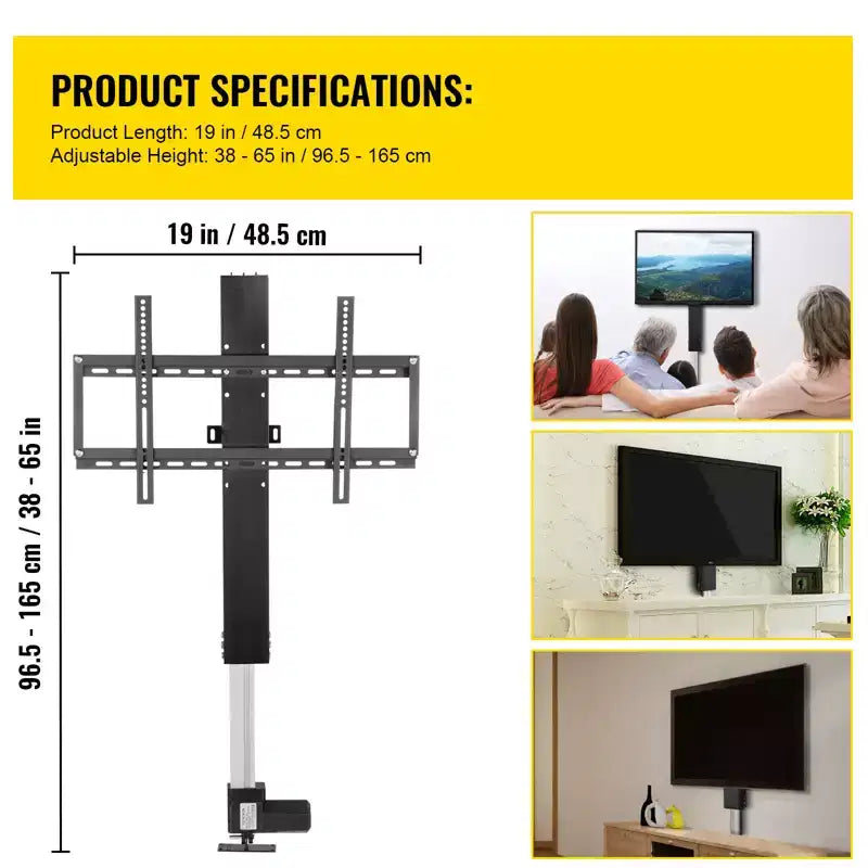 Ascenseur TV automatisé pour jusqu'à 50 écrans, course de 28" avec hauteur réglable de 38" à 65", télécommandé, supporte jusqu'à 60 kg, noir