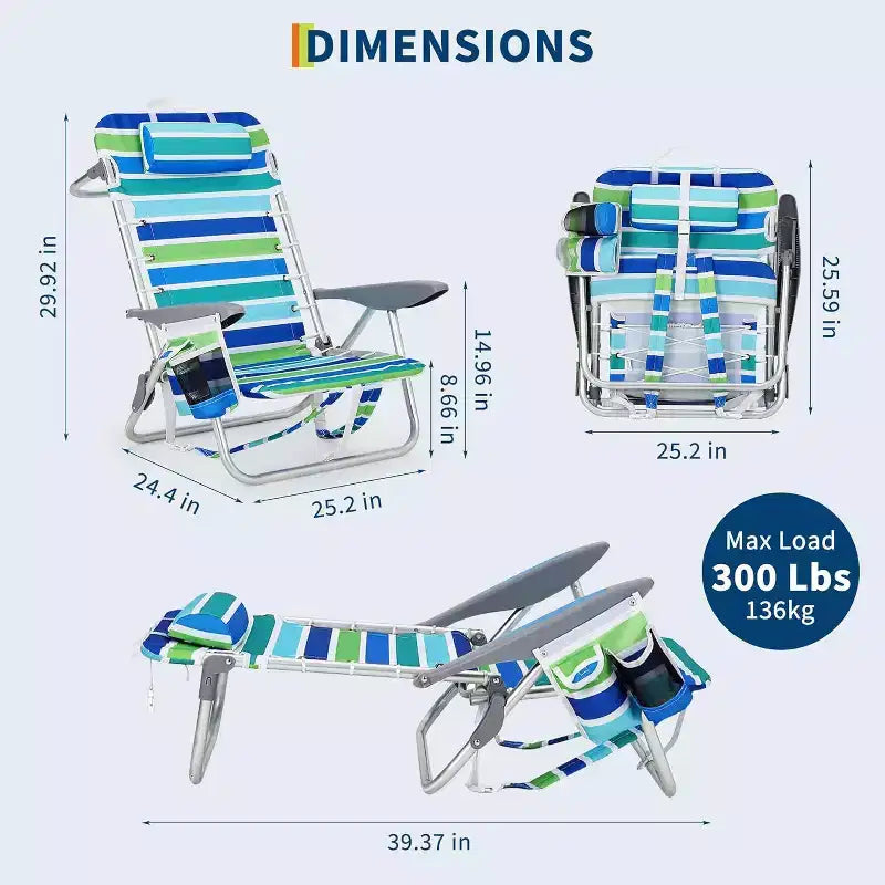 Lot de 2 chaises de plage légères et pliables à 5 positions avec sangles, porte-gobelet et barre porte-serviette, supporte jusqu'à 136 kg