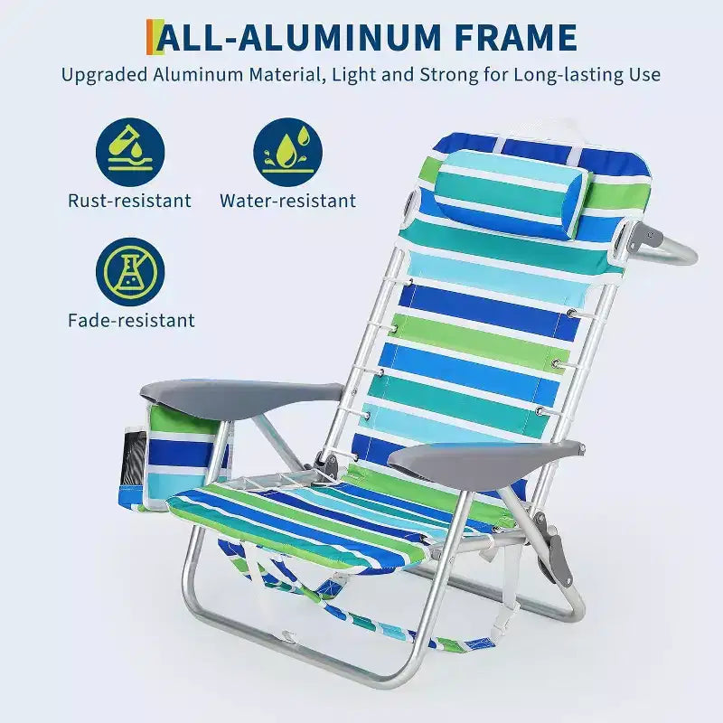 Lot de 2 chaises de plage légères et pliables à 5 positions avec sangles, porte-gobelet et barre porte-serviette, supporte jusqu'à 136 kg