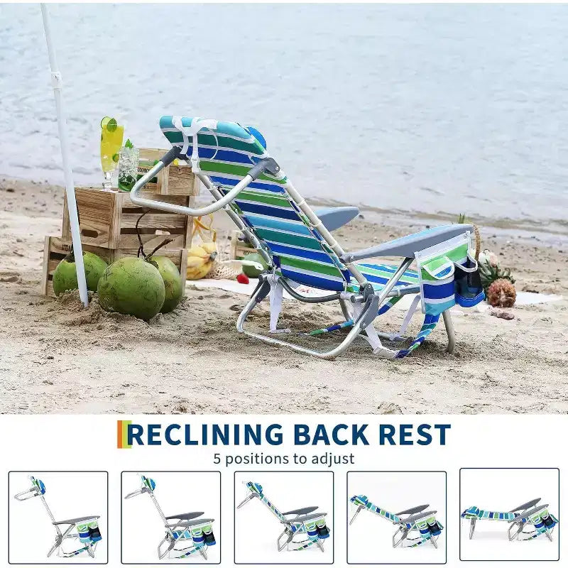 Lot de 2 chaises de plage légères et pliables à 5 positions avec sangles, porte-gobelet et barre porte-serviette, supporte jusqu'à 136 kg