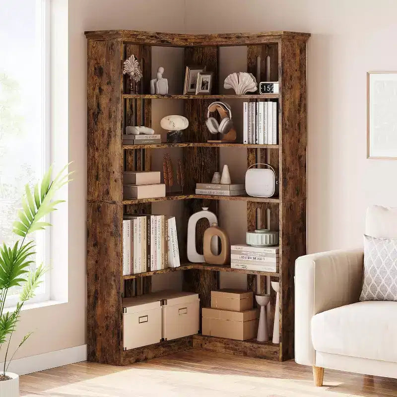 Étagère d'angle en forme de L de 73 po – Étagère de style rustique à 5 niveaux avec capacité de 60 lb, panneaux en MDF épaissi