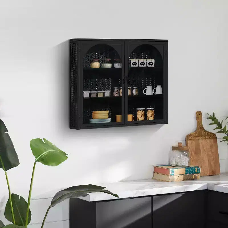 Meuble mural à 2 portes et motif tressé avec 3 niveaux de rangement et portes vitrées pour entrée/salle à manger/salon/cuisine