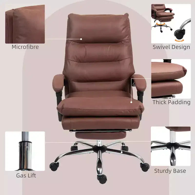 Fauteuil de bureau massant en microfibre, inclinable et chauffant avec repose-pieds, double rembourrage, roulettes pivotantes