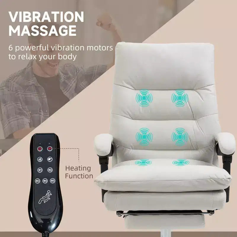 Fauteuil de bureau massant en microfibre, inclinable et chauffant avec repose-pieds, double rembourrage, roulettes pivotantes