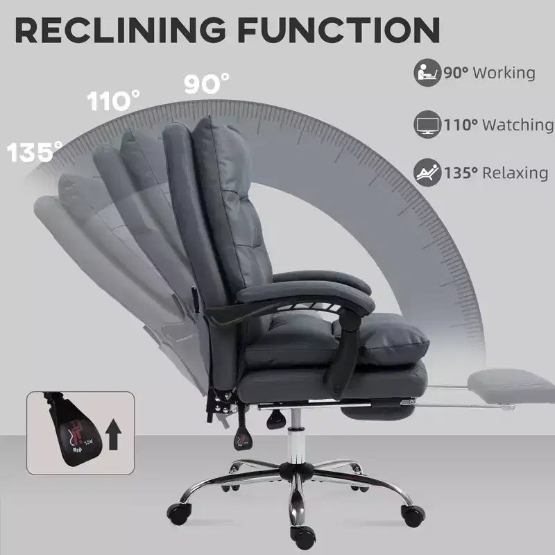 Fauteuil de bureau massant en microfibre, inclinable et chauffant avec repose-pieds, double rembourrage, roulettes pivotantes