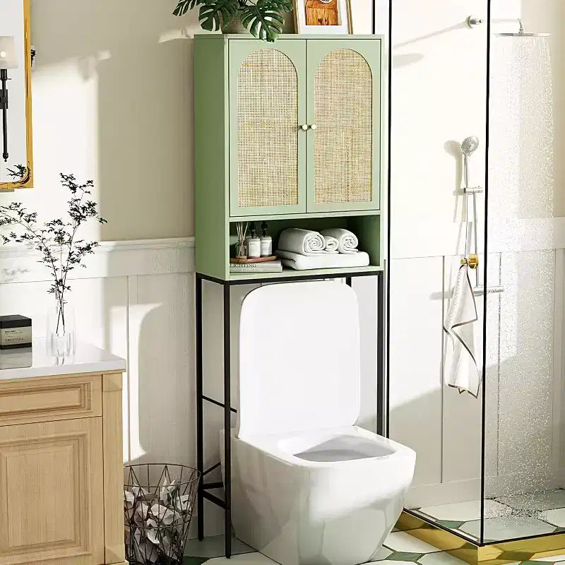 Meuble de rangement au-dessus des toilettes, organisateur de salle de bain vert sauge au-dessus des toilettes avec portes en rotin arquées, étagère autoportante peu encombrante