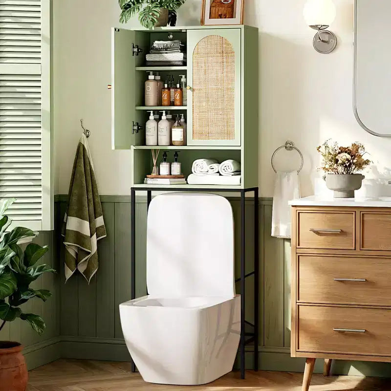 Meuble de rangement au-dessus des toilettes, organisateur de salle de bain vert sauge au-dessus des toilettes avec portes en rotin arquées, étagère autoportante peu encombrante