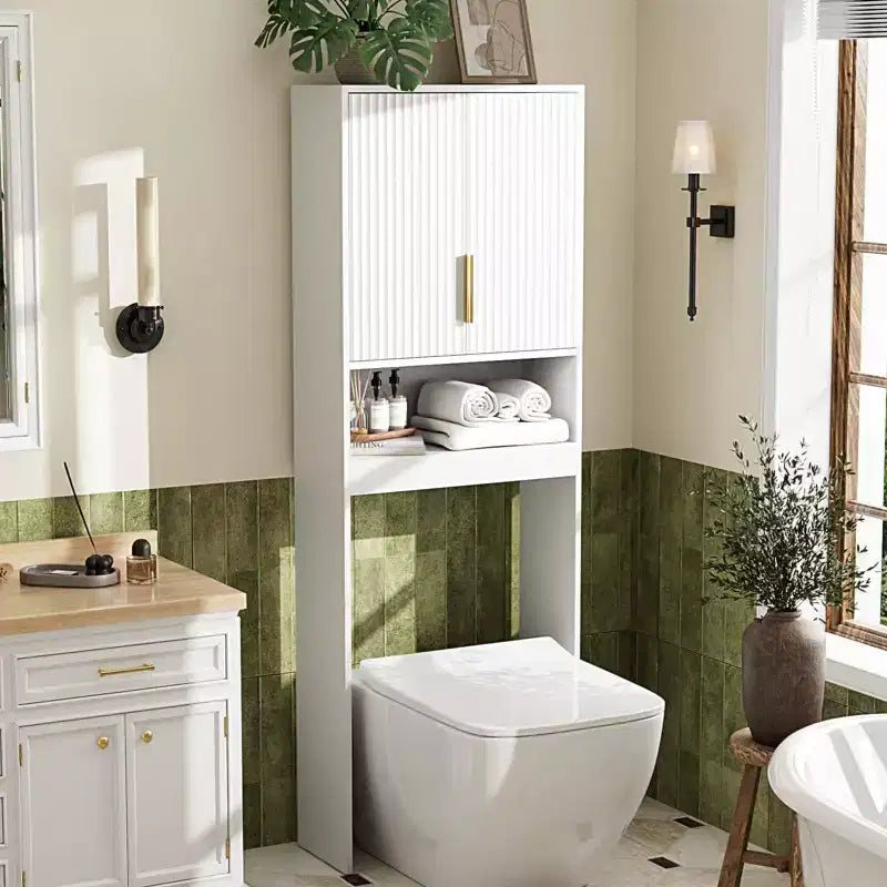 Meuble de rangement au-dessus des toilettes, organisateur de salle de bain vert sauge au-dessus des toilettes avec portes en rotin arquées, étagère autoportante peu encombrante