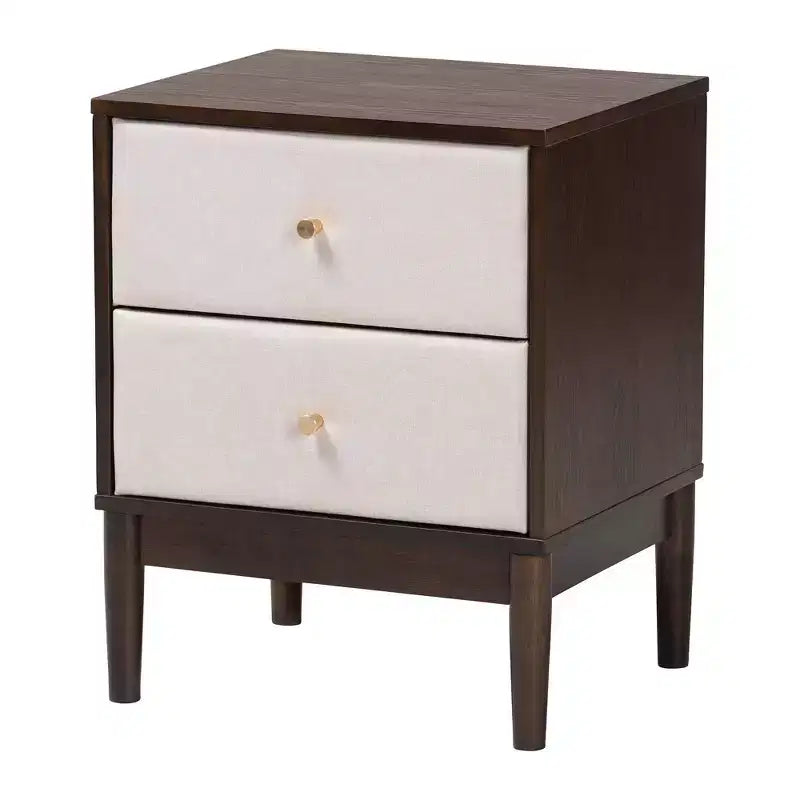 Table de chevet à 2 tiroirs Nikolai en tissu et bois beige/marron wengé