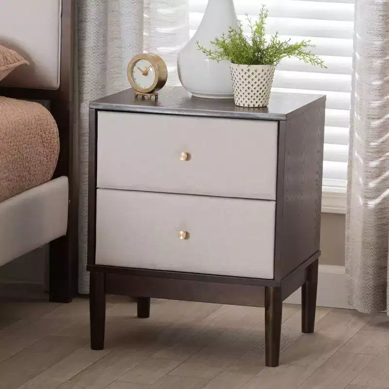 Table de chevet à 2 tiroirs Nikolai en tissu et bois beige/marron wengé