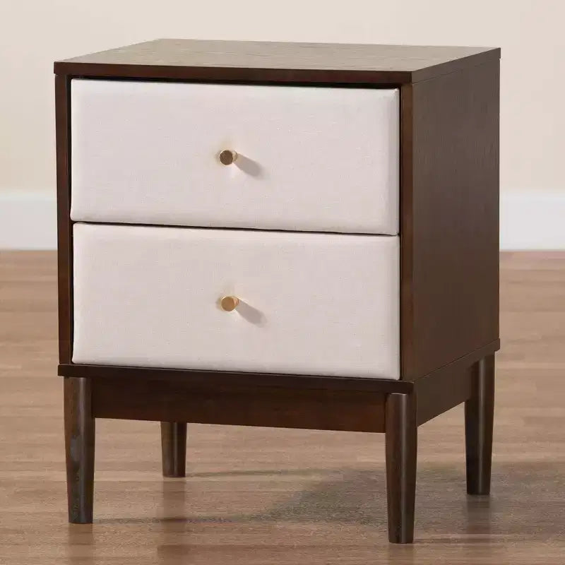 Table de chevet à 2 tiroirs Nikolai en tissu et bois beige/marron wengé