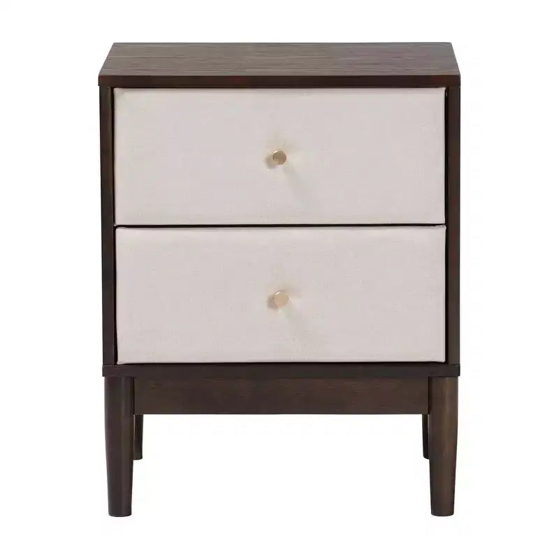 Table de chevet à 2 tiroirs Nikolai en tissu et bois beige/marron wengé
