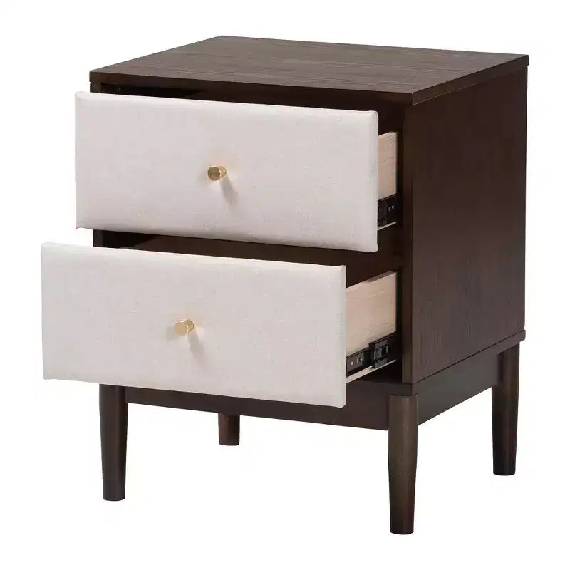 Table de chevet à 2 tiroirs Nikolai en tissu et bois beige/marron wengé