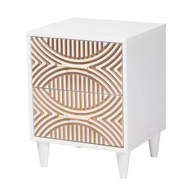 Table de chevet sculptée contrastante blanc/marron naturel