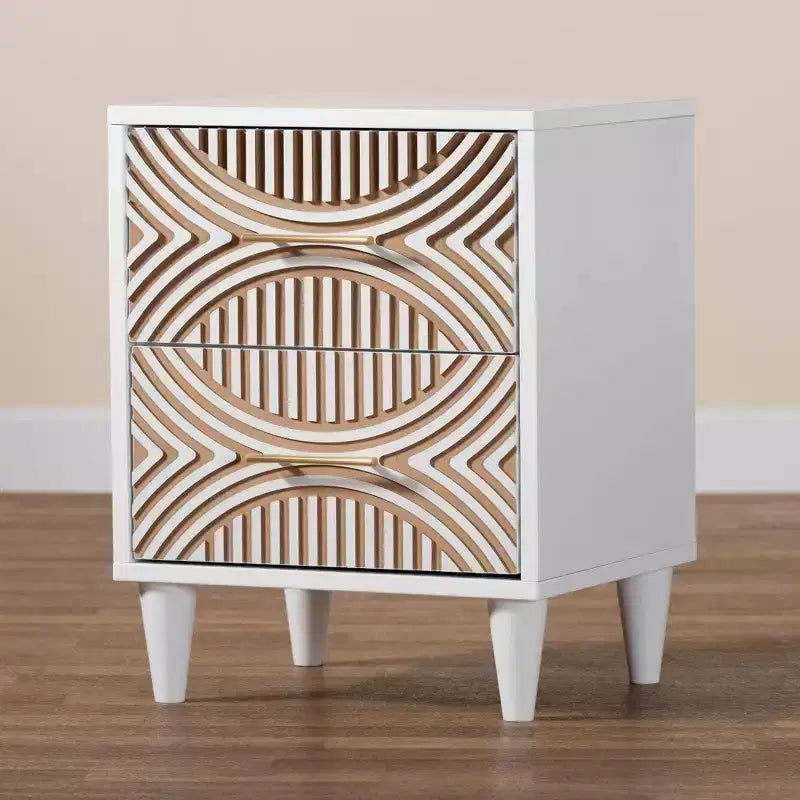Table de chevet sculptée contrastante blanc/marron naturel