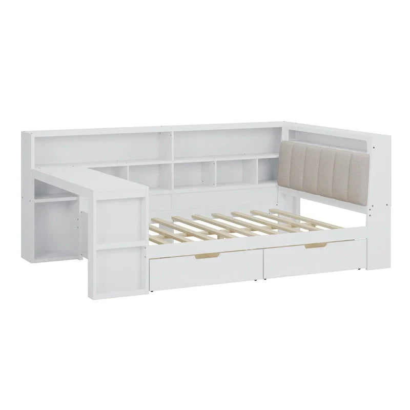 Canapé-lit d'angle en bois en forme de L avec bureau, bibliothèque, lit d'angle avec tiroirs de rangement, tête de lit rembourrée et éclairage intégré