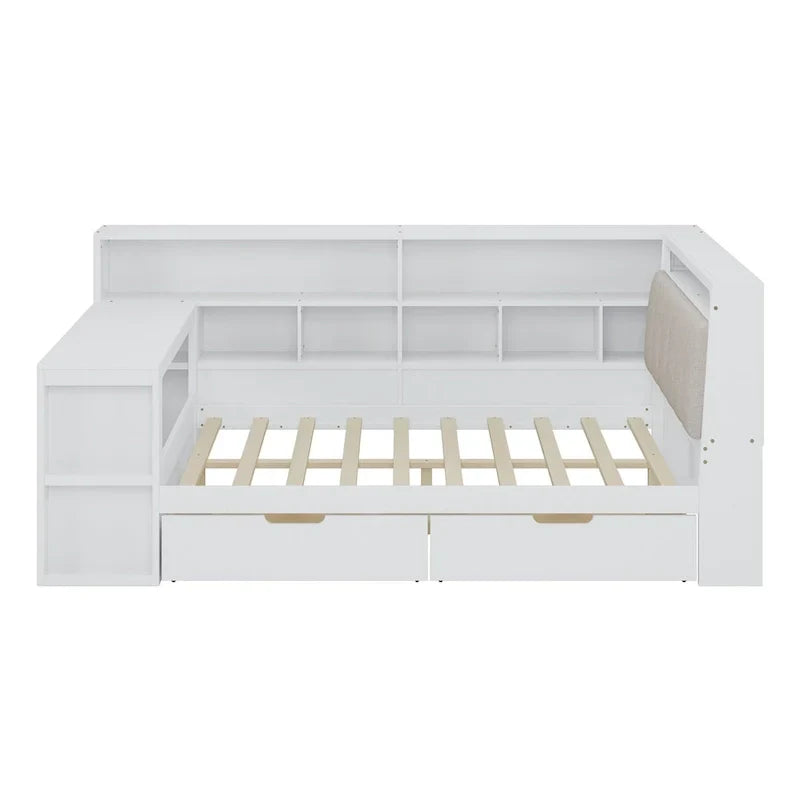 Canapé-lit d'angle en bois en forme de L avec bureau, bibliothèque, lit d'angle avec tiroirs de rangement, tête de lit rembourrée et éclairage intégré