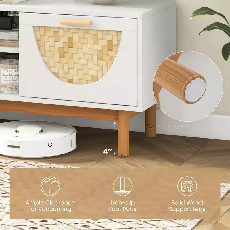 Meuble TV pour téléviseurs 55 pouces avec 2 tiroirs et façades en bambou tressé, pieds en bois massif, blanc