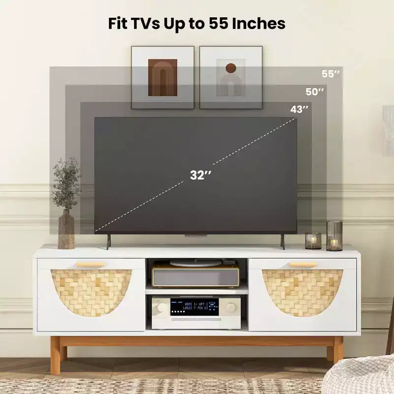 Meuble TV pour téléviseurs 55 pouces avec 2 tiroirs et façades en bambou tressé, pieds en bois massif, blanc