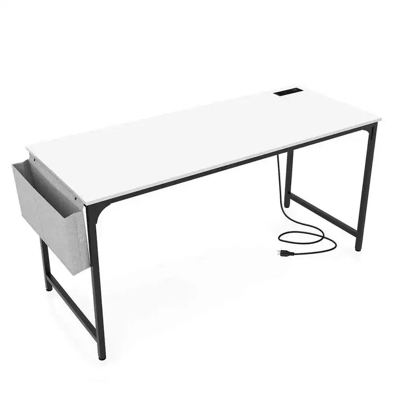 Bureau informatique moderne de 60 pouces avec station de charge, sac de rangement et crochet pour casque Blanc